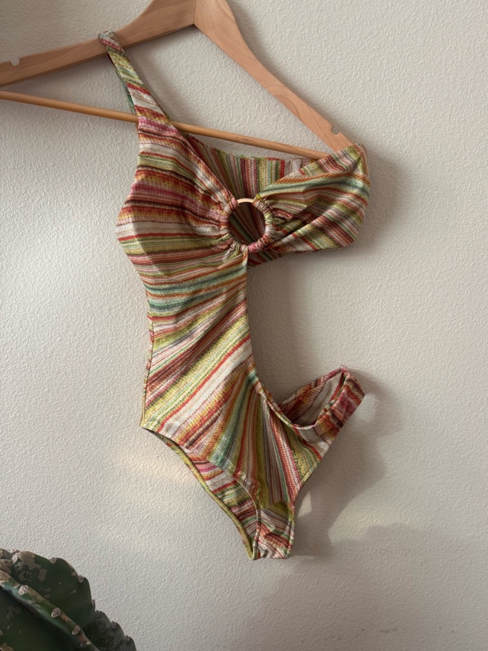 Frankie's Bikinis Green, Orange, Yellow Striped One-Piece